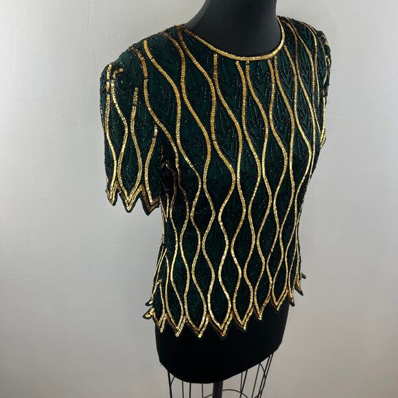 VINTAGE STENAY Green Gold Sequin Short Sleeve Crewneck Scalloped Top Size PS - Picture 5 of 8